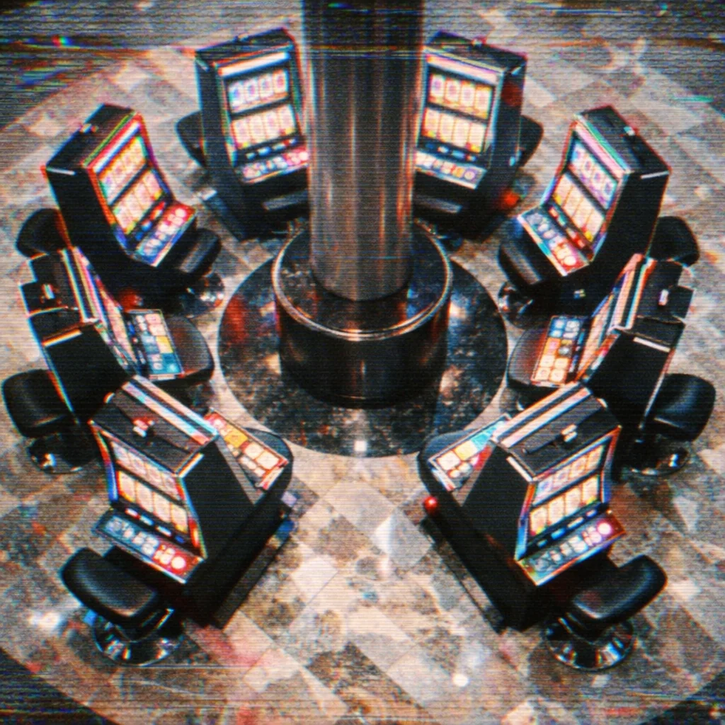 Rij gokkasten met felle schermen in een nieuw online casino